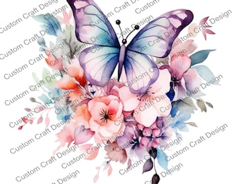 Watercolor Butterfly & Floral Bouquet | Digital Download | PNG Clipart | Transparent Background