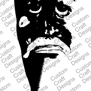 May include: Black and white illustration of a cartoon character with a sad expression. The character is wearing a hat and has a large, round head.