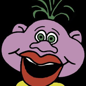 May include: A cartoon illustration of a smiling face with a large red mouth, green eyes, and purple skin. The face has green hair and is wearing a yellow shirt. The background is black.
