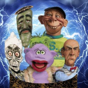 May include: A collection of puppet faces with various expressions, including a green face with a hat, a smiling man with a cap, a purple creature with a large red mouth, a bald man with a bow tie, and a skeleton face. The background features a blue sphere with lightning.