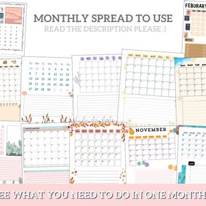 May include: A collection of printable monthly calendar pages with different designs. Each page features a calendar grid with a decorative border and illustrations. The text "MONTHLY SPREAD TO USE" and "READ THE DESCRIPTION PLEASE :)" is at the top of the image. The text "SEE WHAT YOU NEED TO DO IN ONE MONTH!" is at the bottom of the image.
