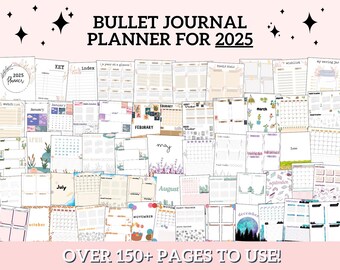 Pode incluir: Um planejador de bullet journal imprimível para 2025 com mais de 150 páginas. O planejador inclui calendários mensais, extensões semanais, rastreadores de hábitos e outras páginas úteis. As páginas são decoradas com ilustrações florais e de temática natural.
