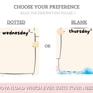 May include: Two printable planner pages, one with a dotted grid and the other blank. The dotted page has the text "wednesday" and the blank page has the text "thursday". Both pages have a seashell and a starfish graphic.