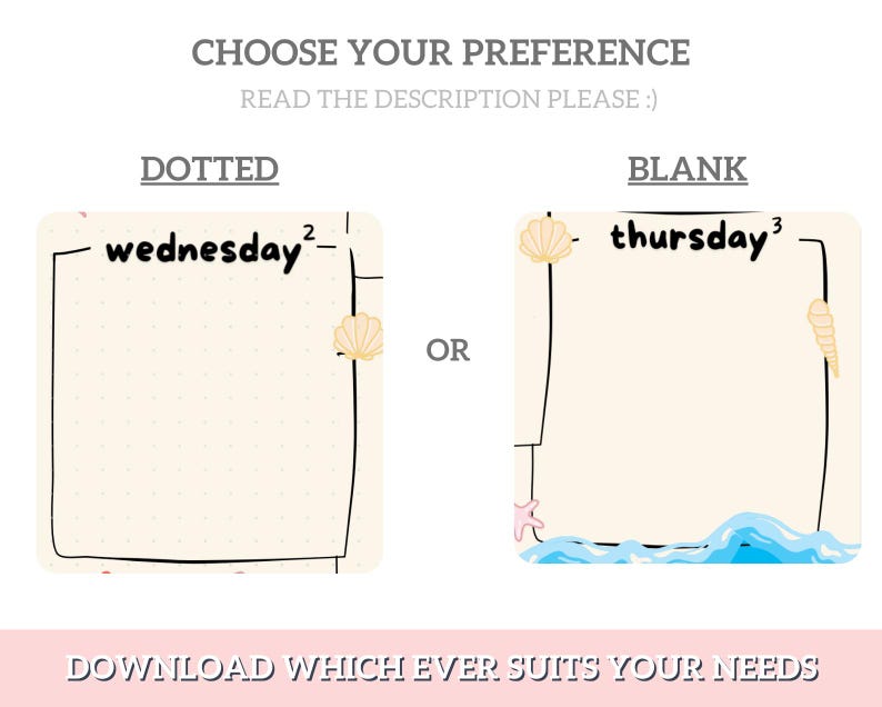 May include: Two printable planner pages, one with a dotted grid and the other blank. The dotted page has the text "wednesday" and the blank page has the text "thursday". Both pages have a seashell and a starfish graphic.