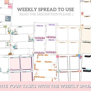 May include: A collection of printable weekly planner pages with different designs. Each page features a grid layout with spaces for each day of the week, labeled with the days of the week. The pages are decorated with floral and nature-inspired illustrations.