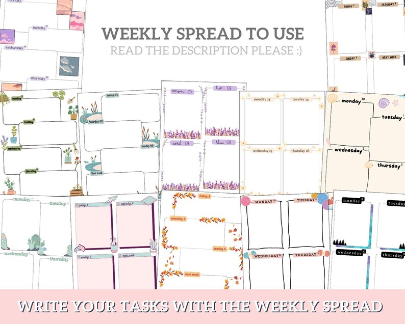 May include: A collection of printable weekly planner pages with different designs. Each page features a grid layout with spaces for each day of the week, labeled with the days of the week. The pages are decorated with floral and nature-inspired illustrations.