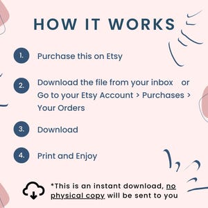 May include: A pink and white graphic with blue text explaining how to download a digital product from Etsy. The text reads "HOW IT WORKS" and lists four steps: 1. Purchase this on Etsy, 2. Download the file from your inbox or Go to your Etsy Account > Purchases > Your Orders, 3. Download, 4. Print and Enjoy. The graphic also includes a cloud with a download arrow and the text "*This is an instant download, no physical copy will be sent to you".