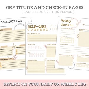 May include: Three printable pages for a self-care journal. The pages are decorated with floral illustrations and include sections for gratitude, affirmations, good things, and a weekly check-in.