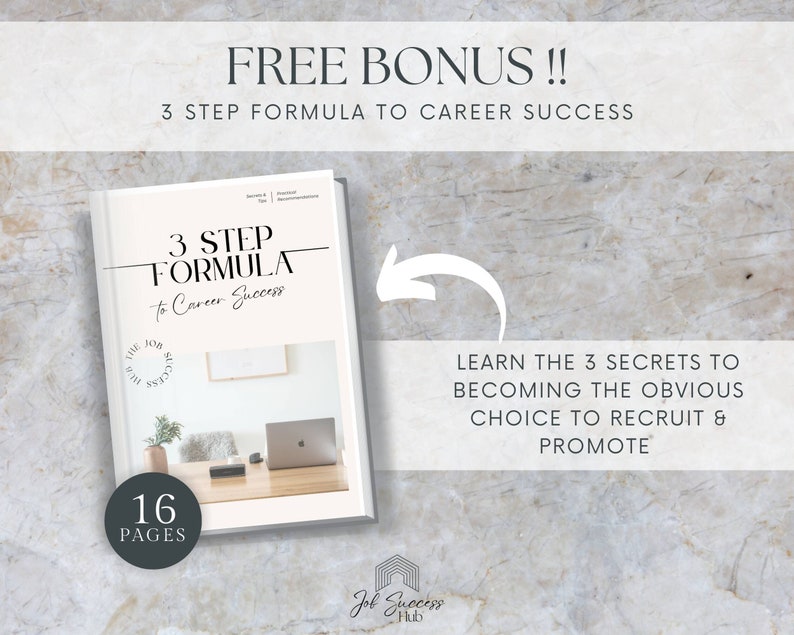 Puede incluir: Una portada de ebook blanca con el t&iacute;tulo "3 Step Formula to Career Success" y una ilustraci&oacute;n en blanco y negro de un port&aacute;til y una planta en un escritorio. El ebook tiene 16 p&aacute;ginas y se ofrece como un bono gratuito.