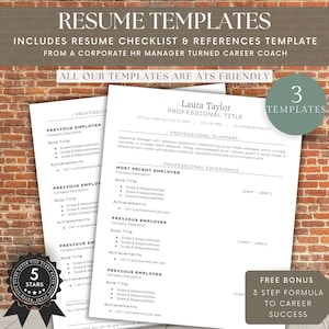 May include: A stack of resume templates with the text "RESUME TEMPLATES" at the top. The templates include a resume checklist and references template. The text "ALL OUR TEMPLATES ARE ATS FRIENDLY" is also visible. A badge reads "5 STARS".