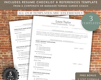 Resume & References Templates with Checklist | Professional Resume Templates For Word, Google Docs + Pages | ATS Friendly Resume | Simple CV