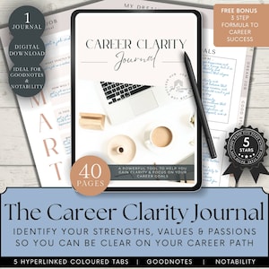 May include: A digital download of a career clarity journal with 40 pages. The journal is designed to help you gain clarity and focus on your career goals. The cover features a laptop, a cup of coffee, and a pen. The journal is ideal for Goodnotes and Notability.
