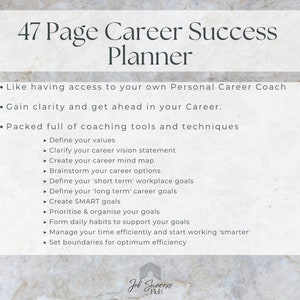 Puede incluir: Un planificador digital blanco y gris con el texto "47 Page Career Success Planner" y una lista de vi&ntilde;etas que describen el contenido del planificador. El planificador est&aacute; dise&ntilde;ado para ayudar a las personas a obtener claridad y avanzar en sus carreras.