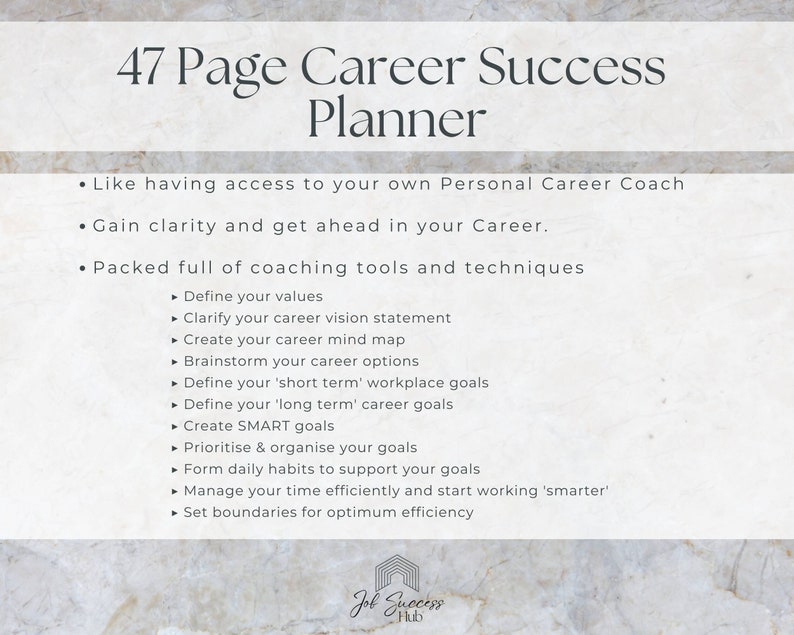 Puede incluir: Un planificador digital blanco y gris con el texto "47 Page Career Success Planner" y una lista de vi&ntilde;etas que describen el contenido del planificador. El planificador est&aacute; dise&ntilde;ado para ayudar a las personas a obtener claridad y avanzar en sus carreras.