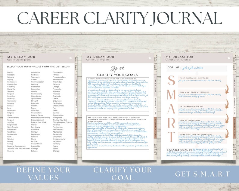 May include: A printable career clarity journal with three pages. The first page has a list of values to help you define your top 10. The second page has a section to clarify your goals. The third page has a section to help you set SMART goals.