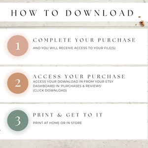 May include: A three-step guide on how to download a digital purchase from Etsy. The steps are numbered 1, 2, and 3 with corresponding text descriptions. Step 1: Complete your purchase and you will receive access to your file(s). Step 2: Access your download in from your Etsy dashboard in 'Purchases & Reviews' (click download). Step 3: Print & get to it. Print at home or in store.