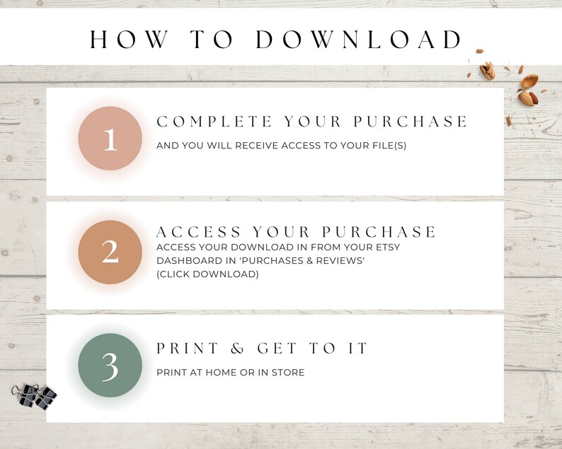 May include: A three-step guide on how to download a digital purchase from Etsy. The steps are numbered 1, 2, and 3 with corresponding text descriptions. Step 1: Complete your purchase and you will receive access to your file(s). Step 2: Access your download in from your Etsy dashboard in 'Purchases & Reviews' (click download). Step 3: Print & get to it. Print at home or in store.
