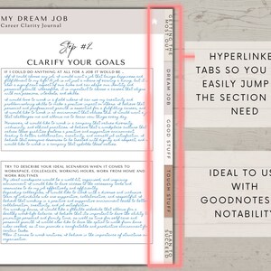 May include: A page from a career clarity journal with the title "My Dream Job" and the heading "Clarify Your Goals". The page includes a section with the text "If I could do anything at all for a job it would be..." and another section with the text "Try to describe your ideal scenarios when it comes to workspace, colleagues, working hours, work from home and work routines".