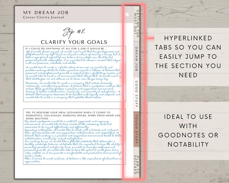 May include: A page from a career clarity journal with the title "My Dream Job" and the heading "Clarify Your Goals". The page includes a section with the text "If I could do anything at all for a job it would be..." and another section with the text "Try to describe your ideal scenarios when it comes to workspace, colleagues, working hours, work from home and work routines".