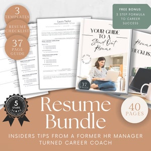 May include: A resume bundle containing 3 templates, a 37-page guide, and a 40-page checklist. The bundle includes tips from a former HR manager turned career coach. The image features a woman working on a laptop with the text "Your Guide to a Stand Out Resume".