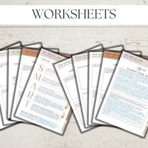 May include: A set of printable worksheets for career clarity and goal setting. The worksheets are titled "My Dream Job", "The Good Job", "The Tough Job", "Plan to Succeed", and "Clarify Your Goals".