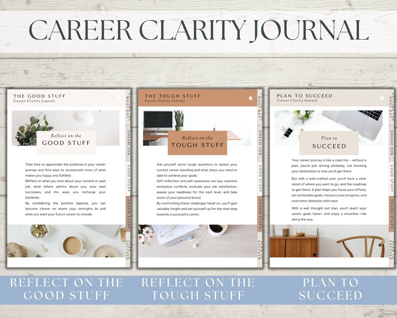 May include: Three pages of a career clarity journal with a light brown background. The first page is titled "The Good Stuff" and has the text "Reflect on the Good Stuff". The second page is titled "The Tough Stuff" and has the text "Reflect on the Tough Stuff". The third page is titled "Plan to Succeed" and has the text "Plan to Succeed".