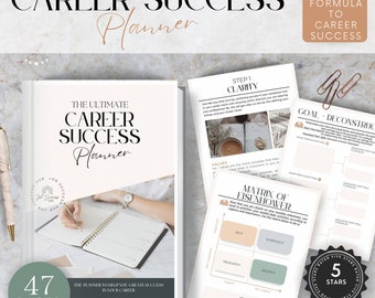 May include: A white and pink planner with the title "The Ultimate Career Success Planner" and a gold star rating of 5 stars. The planner has 47 pages and includes a section on goal deconstruction, values, and a matrix of Eisenhower.