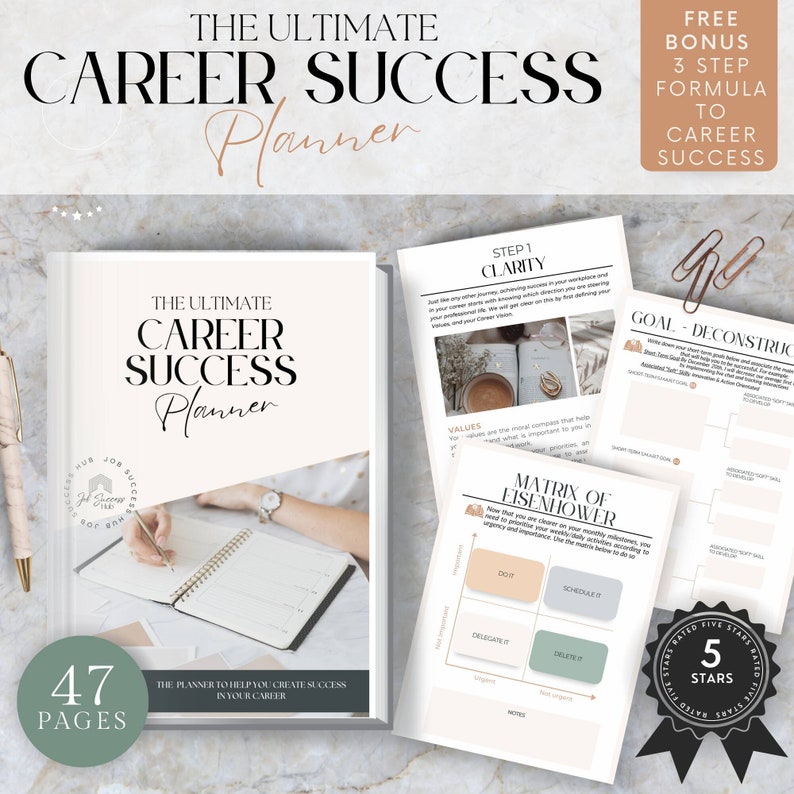 Puede incluir: Un planificador blanco y rosa con el t&iacute;tulo "The Ultimate Career Success Planner" y una calificaci&oacute;n de 5 estrellas doradas. El planificador tiene 47 p&aacute;ginas e incluye una secci&oacute;n sobre la desconstrucci&oacute;n de objetivos, los valores y una matriz de Eisenhower.