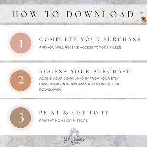 Puede incluir: Una gu&iacute;a de tres pasos sobre c&oacute;mo descargar archivos digitales de Etsy. Los pasos est&aacute;n numerados del 1 al 3. Cada paso est&aacute; descrito en un c&iacute;rculo beige con un n&uacute;mero blanco. Los pasos son: 1. Completa tu compra y recibir&aacute;s acceso a tus archivos. 2. Accede a tu compra. Accede a tu descarga desde tu panel de control de Etsy en 'Compras y rese&ntilde;as' (haz clic en descargar). 3. Imprime y empieza. Imprime en casa o en la tienda.