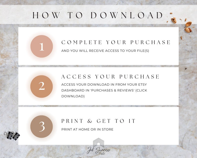 Puede incluir: Una gu&iacute;a de tres pasos sobre c&oacute;mo descargar archivos digitales de Etsy. Los pasos est&aacute;n numerados del 1 al 3. Cada paso est&aacute; descrito en un c&iacute;rculo beige con un n&uacute;mero blanco. Los pasos son: 1. Completa tu compra y recibir&aacute;s acceso a tus archivos. 2. Accede a tu compra. Accede a tu descarga desde tu panel de control de Etsy en 'Compras y rese&ntilde;as' (haz clic en descargar). 3. Imprime y empieza. Imprime en casa o en la tienda.