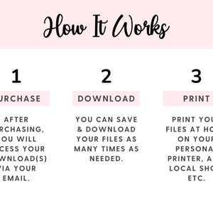 以下が含まれることがあります： ピンクと白のグラフィックで、「How It Works」というテキストが黒で書かれています。3つのステップが概説されています。1. 購入、2. ダウンロード、3. 印刷。各ステップには、プロセスに関する簡単な説明があります。
