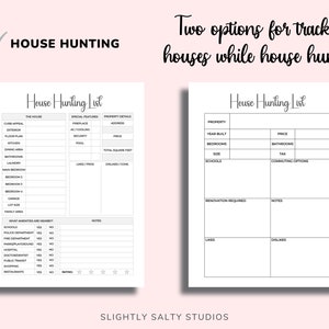 May include: Two printable house hunting checklists with black text on a white background. The first checklist is titled "House Hunting List" and includes sections for "The House", "Special Features", and "Property Details". The second checklist is titled "House Hunting List" and includes sections for "Property", "Year Built", "Bedrooms", "Schools", "Price", "Bathrooms", "Tax", "Commuting Options", "Renovation Required", "Notes", "Likes", and "Dislikes".