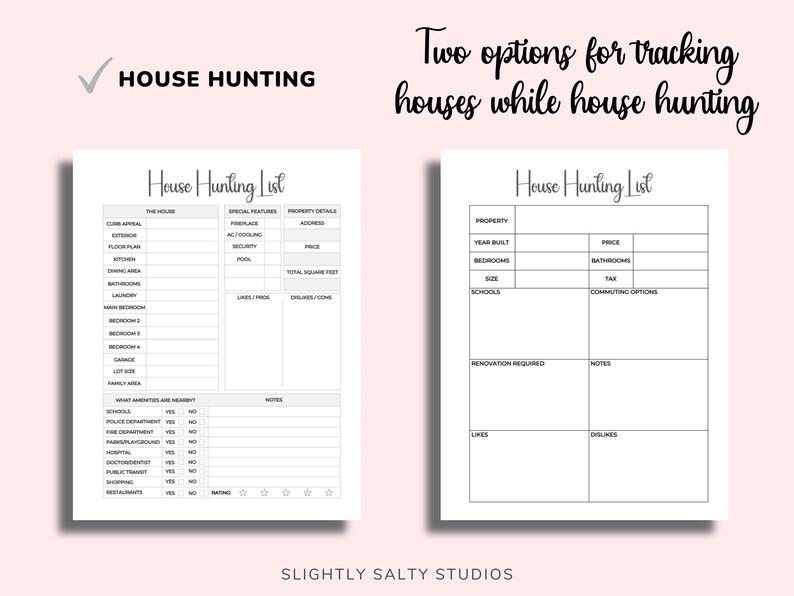 May include: Two printable house hunting checklists with black text on a white background. The first checklist is titled "House Hunting List" and includes sections for "The House", "Special Features", and "Property Details". The second checklist is titled "House Hunting List" and includes sections for "Property", "Year Built", "Bedrooms", "Schools", "Price", "Bathrooms", "Tax", "Commuting Options", "Renovation Required", "Notes", "Likes", and "Dislikes".