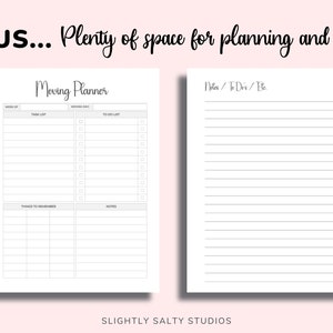 May include: A printable moving planner with sections for a task list, moving day, to do list, things to remember, and notes. There is also a separate page for notes, to do's, etc.