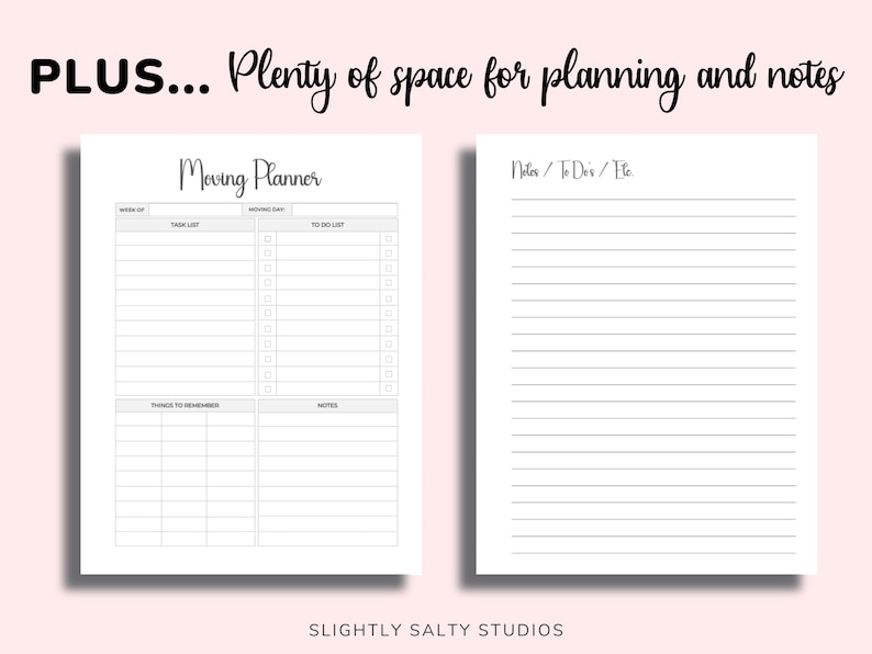 May include: A printable moving planner with sections for a task list, moving day, to do list, things to remember, and notes. There is also a separate page for notes, to do's, etc.