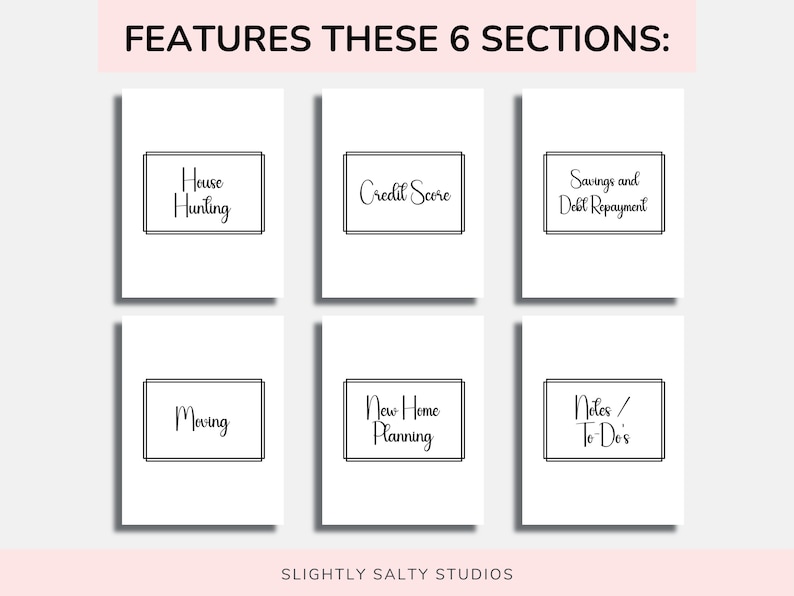 May include: A printable checklist for home buying with six sections: House Hunting, Credit Score, Savings and Debt Repayment, Moving, New Home Planning, and Notes/To-Dos. The checklist is designed for use in a planner or notebook.