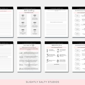 Puede incluir: Un cuaderno de trabajo imprimible con ilustraciones y texto en blanco y negro. El cuaderno se titula "Shadow Work Journal" e incluye ejercicios de respiraci&oacute;n en caja, respiraci&oacute;n diafragm&aacute;tica y el &aacute;rbol de la vida.