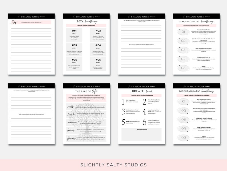 Puede incluir: Un cuaderno de trabajo imprimible con ilustraciones y texto en blanco y negro. El cuaderno se titula "Shadow Work Journal" e incluye ejercicios de respiraci&oacute;n en caja, respiraci&oacute;n diafragm&aacute;tica y el &aacute;rbol de la vida.