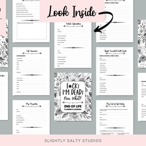 May include: A grayscale planner with floral accents, titled "My End of Life Care Plan." The planner includes sections for personal information, insurance, and wishes. The cover reads "US Letter Size, 142 Pages."