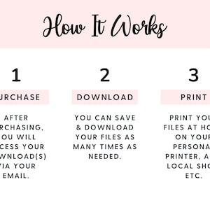 May include: A graphic with the title "How It Works" and numbered steps. Step 1: Purchase. Step 2: Download. Step 3: Print. Instructions detail accessing downloads via email and printing at home or a local shop.