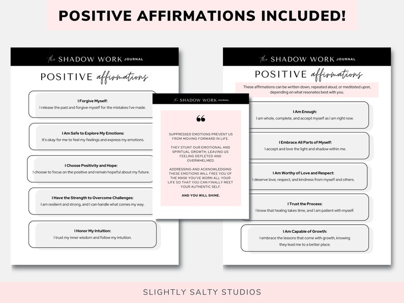 Puede incluir: Una hoja de trabajo imprimible con afirmaciones positivas para el autocuidado y el crecimiento. Las afirmaciones est&aacute;n escritas en negro sobre un fondo blanco con acentos rosados. El texto incluye frases como "Me perdono", "Soy suficiente", y "Soy digno de amor y respeto".
