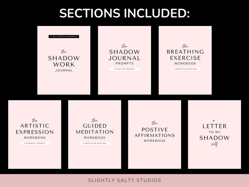 Puede incluir: Una descarga digital de un cuaderno de trabajo de autoayuda con secciones tituladas "The Shadow Work Journal", "The Shadow Journal Prompts", "The Breathing Exercise Workbook", "The Artistic Expression Workbook", "The Guided Meditation Workbook", "The Positive Affirmations Workbook" y "A Letter to My Shadow Self".