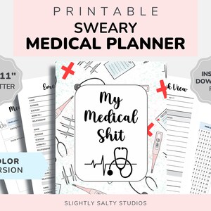 以下が含まれることがあります： 「My Medical Shit」という黒いテキストと聴診器と心拍のグラフィックが描かれた表紙の印刷可能な医療プランナー。プランナーは8.5x11インチで、PDFとしてすぐにダウンロードできます。