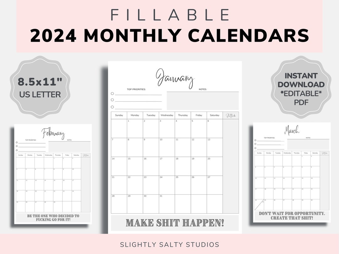 2024 Fillable Calendar, 2024 Funny Calendar PDF, Swear Calendar, 2024