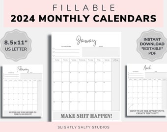 2024 Fillable Calendar, 2024 Funny Calendar PDF, Swear Calendar, 2024 Monthly Planner Calendar, Editable Printable Calendar, Funny Quotes