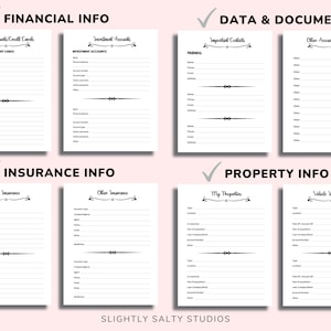 May include: A printable checklist for organizing important financial, insurance, and property information. The checklist includes sections for bank accounts, credit cards, investments, life insurance, other insurance, property, and vehicles.