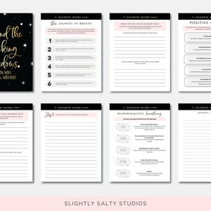Puede incluir: Un cuaderno de trabajo imprimible en blanco y negro con el t&iacute;tulo "Beyond the Fucking Shadows" y el texto "Shadow Work Journal & Workbook". El cuaderno de trabajo incluye p&aacute;ginas para identificar tu sombra, trabajar con tu sombra, afirmaciones positivas, el viaje de la respiraci&oacute;n, la respiraci&oacute;n diafragm&aacute;tica y notas del diario.
