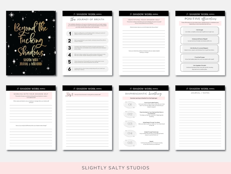 Puede incluir: Un cuaderno de trabajo imprimible en blanco y negro con el t&iacute;tulo "Beyond the Fucking Shadows" y el texto "Shadow Work Journal & Workbook". El cuaderno de trabajo incluye p&aacute;ginas para identificar tu sombra, trabajar con tu sombra, afirmaciones positivas, el viaje de la respiraci&oacute;n, la respiraci&oacute;n diafragm&aacute;tica y notas del diario.
