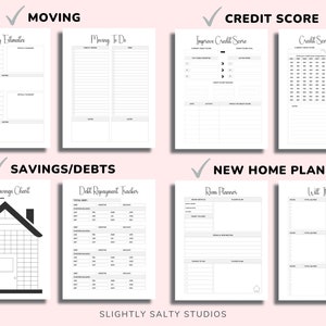 May include: Printable checklist and tracker pages for home buying, moving, and finances. The pages include sections for moving estimates, moving to-do list, home savings chart, debt repayment tracker, improving credit score, credit score tracker, room planner, and will it fit?