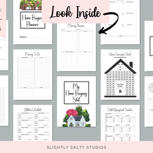 May include: A printable home buying planner with 115 pages. The planner includes sections for budgeting, saving, house hunting, moving, and more. The pages are black and white with a simple design.